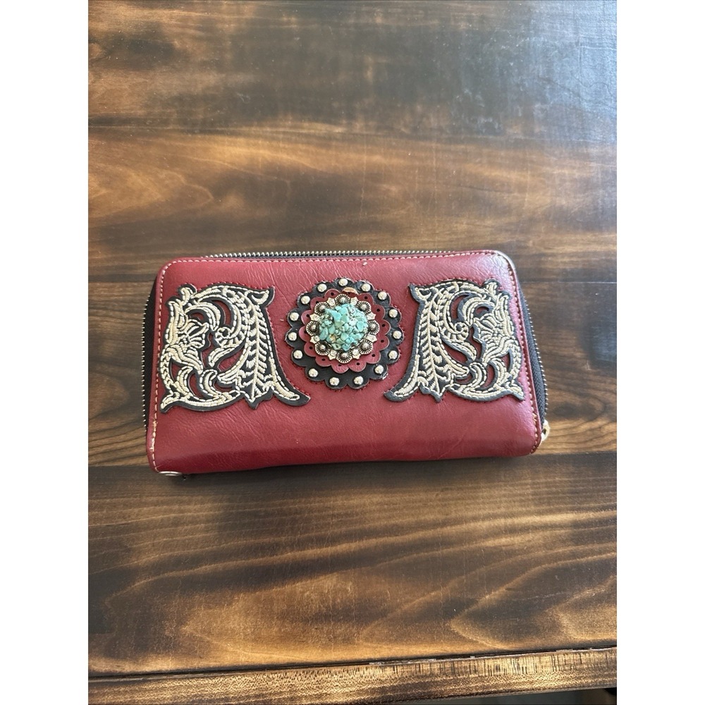 Red Western Tooled‎ Wallet with Turquoise Concho - Leather Zip Around Clutch